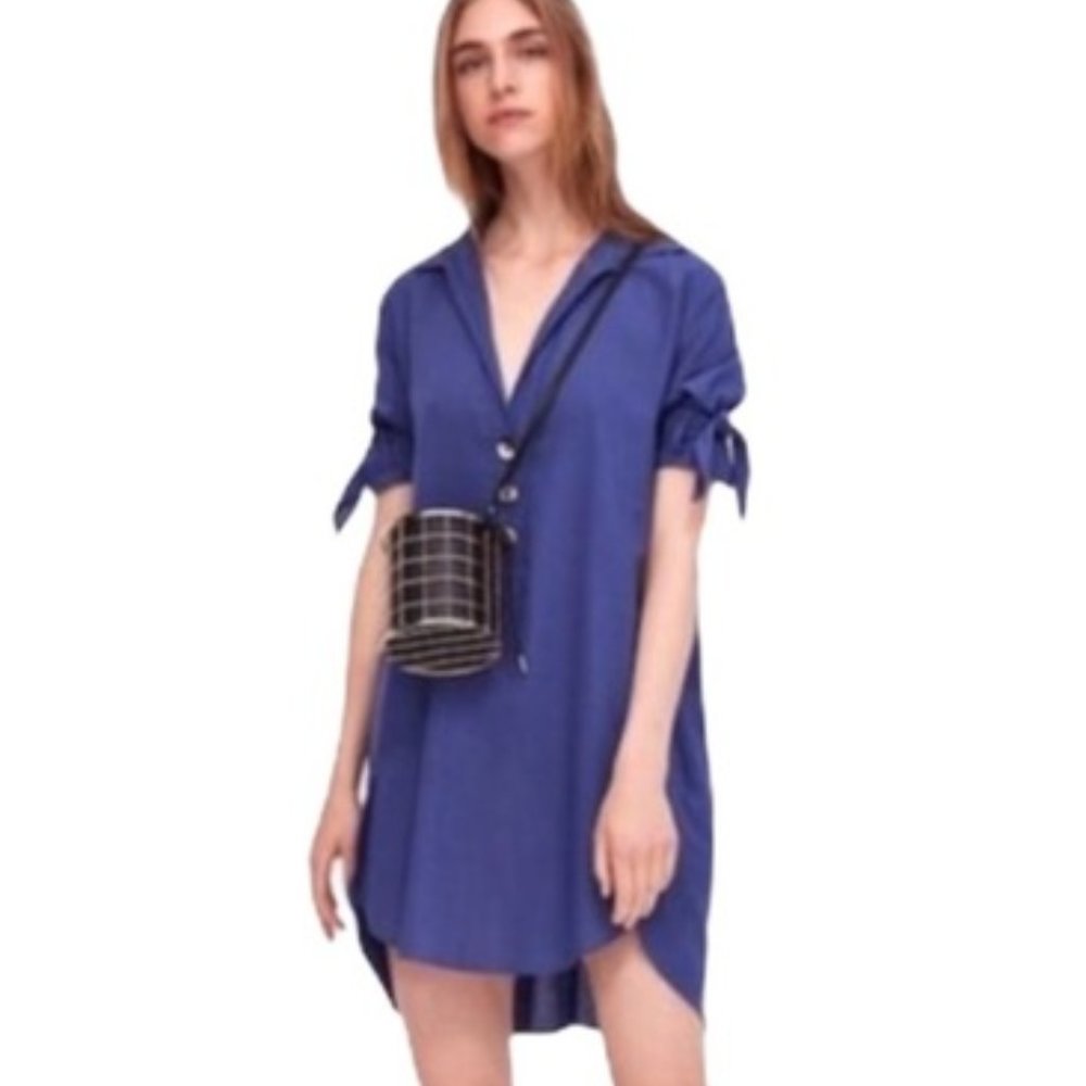 Zara Basic Blue Linen Blend Tunic Mini Dress